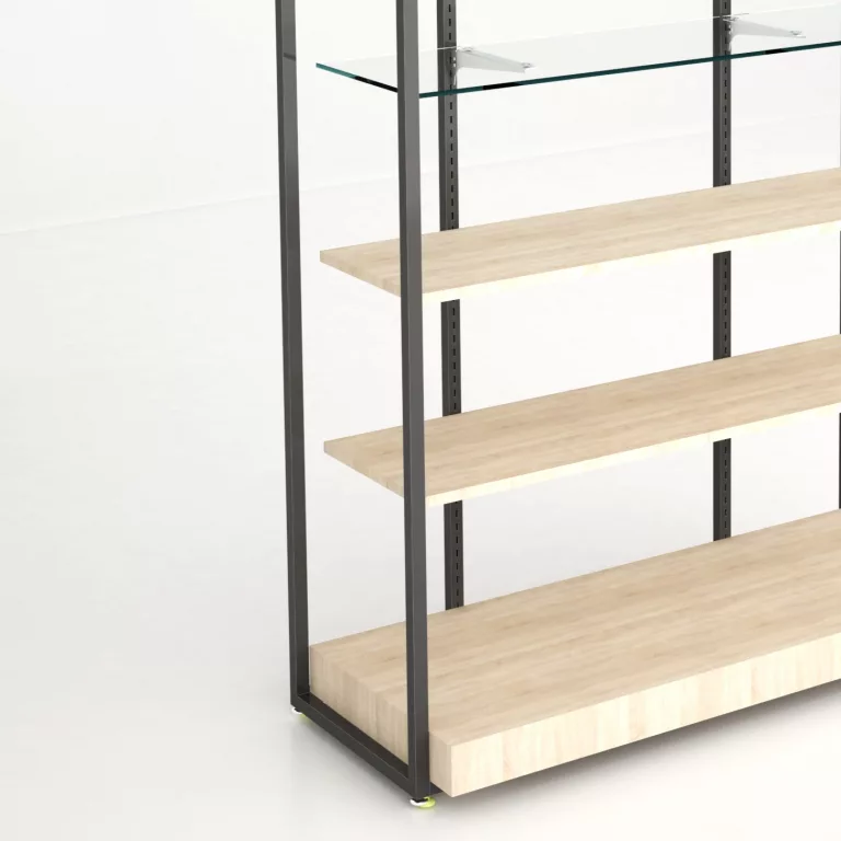 DETALLE Estantería Modular SQ con estantes cristal, estantes madera y tarima (Tubo Cuadrado25mm)