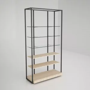 Estantería Modular SQ con estantes cristal, estantes madera y tarima (Tubo Cuadrado25mm)