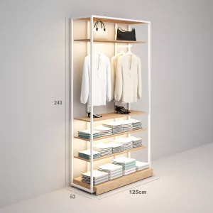 Confección Estantería Modular SQ con percheros, estantes madera y tarima (Tubo Cuadrado25mm)