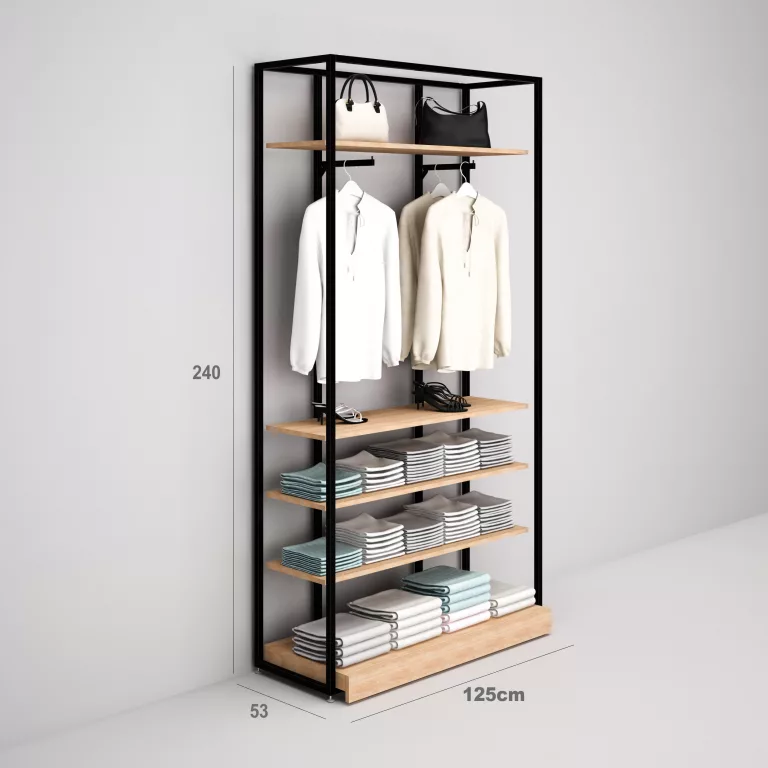 Estantería Modular SQ con estantes cristal, estantes madera y tarima (Tubo Cuadrado25mm)