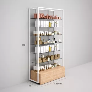 Estantería Modular SQ con estantes cristal y cajonera (Tubo Cuadrado25mm)