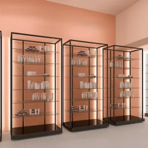 Estantería Modular SQ negro con estantes cristal, estantes madera y tarima