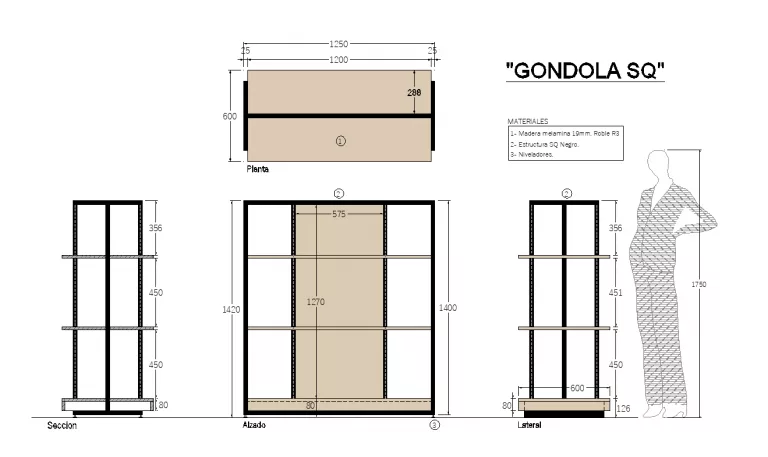 Estantería góndola SQ modelo "E" en negro y roble