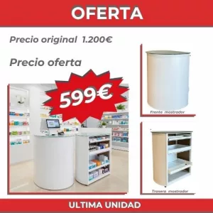 Mostrador caja curvo metálico y cristal, bandejas extraíbles 800x1030mm