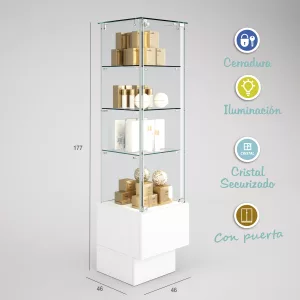 Vitrina cristal 8mm templado, 3 estantes 1221 + buch  46x46x177cm
