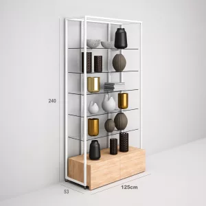 Estantería Modular SQ con estantes de cristal y cajonera (Tubo Cuadrado25mm)