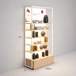 Estantería Modular SQ con estantes de madera con iluminación led, cajonera y visual led (Tubo Cuadrado25mm)