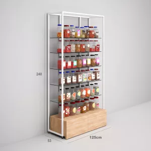 Estantería Modular SQ con estantes de cristal y cajonera (Tubo Cuadrado25mm)