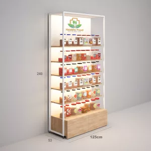 Estantería Modular SQ con estantes de madera con iluminación, cajonera y visual led (Tubo Cuadrado25mm)