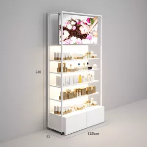 Estantería Modular SQ con estantes cristal, cajonera, fondo liso y visual Led (Tubo Cuadrado25mm)