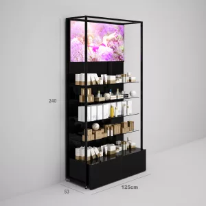 Estantería Modular SQ con estantes cristal, cajonera, fondo liso y visual Led (Tubo Cuadrado25mm)