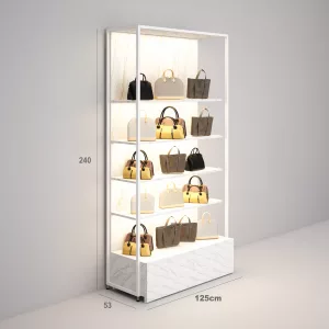 Estantería Modular SQ con estantes madera iluminados, fondo liso y cajonera (Tubo Cuadrado25mm)