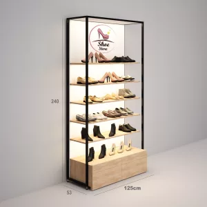 Calzados Estantería Modular SQ con estantes madera iluminados led, cajonera y logo corpóreo (Tubo Cuadrado25mm)