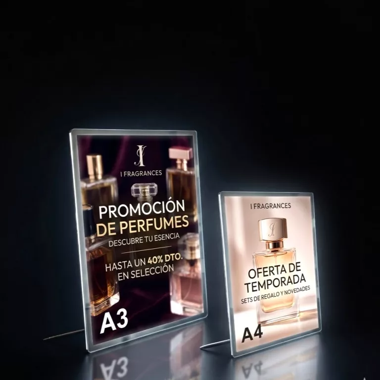 Portacartel led sobre con enganches a sobremesa y pared