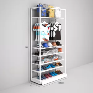 Deportes Estantería Modular SQ con estantes de madera, percheros y tarima (Tubo Cuadrado25mm)