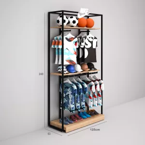 Deportes Estantería Modular SQ con estantes de madera, percheros y tarima (Tubo Cuadrado25mm)