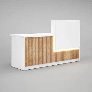 Mesa Mostrador recepción blanco con rastrelado Pvc roble.