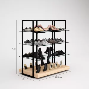 Calzados Góndola SQ, estantes de cristal y Tarima (Tubo Cuadrado25mm)