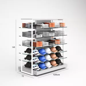 Deportes Góndola SQ, estantes de cristal, fondo liso y tarima (Tubo Cuadrado25mm)