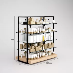 Farmacia Góndola SQ, estantes de cristal y Tarima (Tubo Cuadrado25mm)