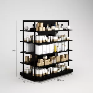 Perfumería Góndola SQ, estantes de madera, fondo liso y Tarima (Tubo Cuadrado25mm)