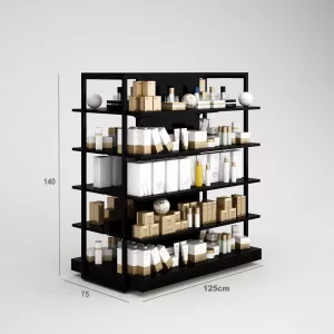 Perfumería Góndola SQ, estantes de madera, fondo liso y Tarima (Tubo Cuadrado25mm)