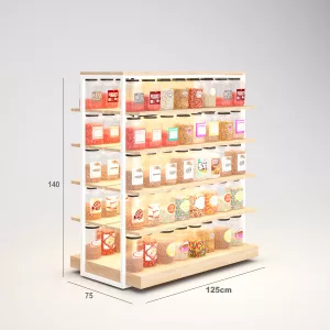 Alimentación Góndola SQ, estantes de madera con iluminación led, fondo liso y tarima (Tubo Cuadrado25mm)