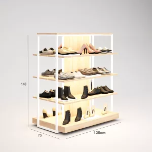 Calzados Góndola SQ, estantes de madera iluminado led, fondo liso y Tarima (Tubo Cuadrado25mm)