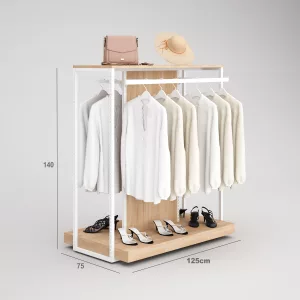 Confección Góndola SQ, barra colgadora, perchero, Tarima y fondo madera (Tubo Cuadrado25mm)