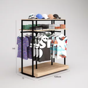 Deportes Góndola SQ, estante de madera, perchero lateral, frontal y tarima (Tubo Cuadrado25mm)