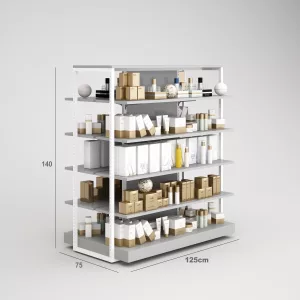 Farmacia Góndola SQ, estantes de madera, fondo liso y Tarima (Tubo Cuadrado25mm)