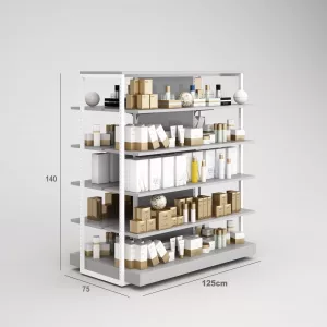 Farmacia Góndola SQ, estantes de madera, fondo liso y Tarima (Tubo Cuadrado25mm)