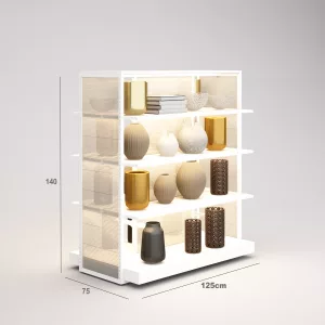 Complementos Góndola SQ, estantes de madera con iluminación led, fondo policarbonato y Tarima (Tubo Cuadrado25mm)