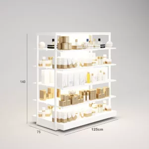 Perfumería Góndola SQ, estantes de madera con iluminación led, fondo liso y Tarima (Tubo Cuadrado25mm)