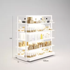 Perfumería Góndola SQ, estantes de madera con iluminación led, fondo liso y Tarima (Tubo Cuadrado25mm)