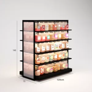 Alimentación Góndola SQ, estantes de madera con iluminación led, fondo policarbonato y tarima (Tubo Cuadrado25mm)