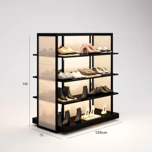 Calzados Góndola SQ, estantes de madera iluminados led, fondo policarbonato y Tarima (Tubo Cuadrado25mm)