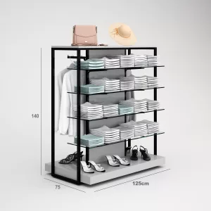 Confección Góndola SQ, perchero, estantes de cristal, Tarima y fondo madera (Tubo Cuadrado25mm)