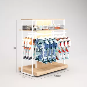 Deportes Góndola SQ, estante de madera con iluminación led, perchero lateral, frontal y tarima (Tubo Cuadrado25mm)