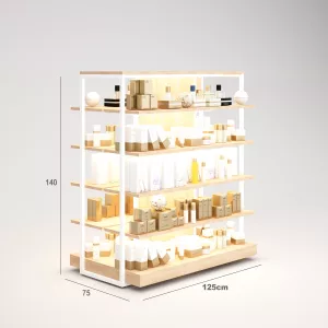 Farmacia Góndola SQ, estantes de madera con iluminación led, fondo liso y Tarima (Tubo Cuadrado25mm)