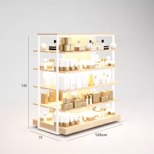 Farmacia Góndola SQ, estantes de madera con iluminación led, fondo liso y Tarima (Tubo Cuadrado25mm)