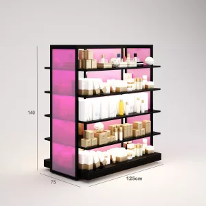 Perfumería Góndola SQ, estantes de madera con iluminación led, fondo policarbonato y Tarima (Tubo Cuadrado25mm)