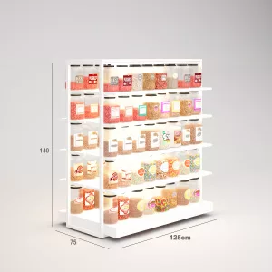 Alimentación Góndola SQ, estantes de madera con iluminación led, fondo liso y tarima (Tubo Cuadrado25mm)