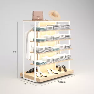 Confección Góndola SQ, perchero, estantes de madera con iluminación led, Tarima y fondo madera (Tubo Cuadrado25mm)