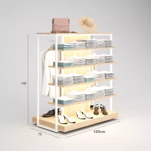 Confección Góndola SQ, perchero, estantes de madera con iluminación led, Tarima y fondo madera (Tubo Cuadrado25mm)