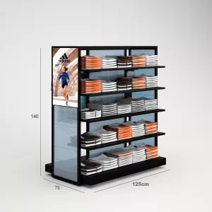 Deportes Góndola SQ, estante de madera, perchero frontal, fondo policarbonato y tarima (Tubo Cuadrado25mm)