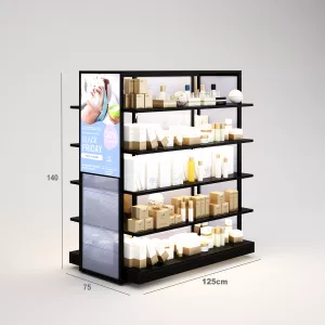 Farmacia Góndola SQ, estantes de madera con iluminación led, fondo policarbonato y Tarima (Tubo Cuadrado25mm)