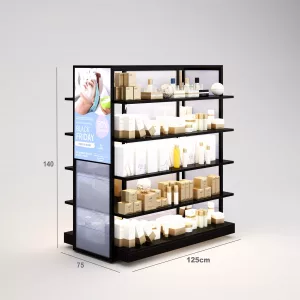 Farmacia Góndola SQ, estantes de madera con iluminación led, fondo policarbonato y Tarima (Tubo Cuadrado25mm)
