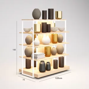 Complementos Góndola SQ, estantes de madera con iluminación led, fondo liso y Tarima (Tubo Cuadrado25mm)