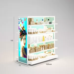 Perfumería Góndola SQ, estantes de madera con iluminación led, fondo policarbonato y Tarima (Tubo Cuadrado25mm)